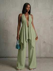 BamGlimmer Sage Green Summer Casual Sexy Tropical Holiday Vacation 100 Cotton Bohemian V-Neck Halter Tie Backless Ruched Flowy Top Elastic Waist Pants Set Beach - Green - View 2