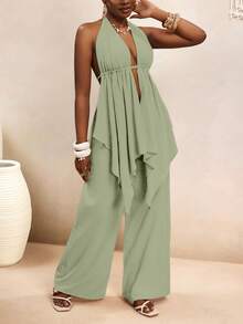 BamGlimmer Sage Green Summer Casual Sexy Tropical Holiday Vacation 100 Cotton Bohemian V-Neck Halter Tie Backless Ruched Flowy Top Elastic Waist Pants Set Beach - Green - View 6