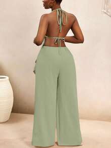 BamGlimmer Sage Green Summer Casual Sexy Tropical Holiday Vacation 100 Cotton Bohemian V-Neck Halter Tie Backless Ruched Flowy Top Elastic Waist Pants Set Beach - Green - View 5