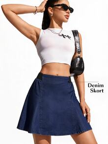 Flexra Plus Size Solid Color High Stretch Denim Mini Skirt Party Going Out Blue Summer Casual Baggy - Dark Wash - View 6