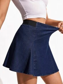 Flexra Plus Size Solid Color High Stretch Denim Mini Skirt Party Going Out Blue Summer Casual Baggy - Dark Wash - View 5