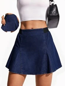 Flexra Plus Size Solid Color High Stretch Denim Mini Skirt Party Going Out Blue Summer Casual Baggy - Dark Wash - View 4