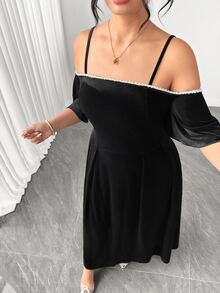 Elenzga Spring Summer Autumn Evening Party Off-Shoulder Rhinestone Chain Decor Long Black Plus Size Dress - Black - View 7