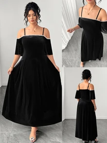 Elenzga Spring Summer Autumn Evening Party Off-Shoulder Rhinestone Chain Decor Long Black Plus Size Dress - Black - View 4