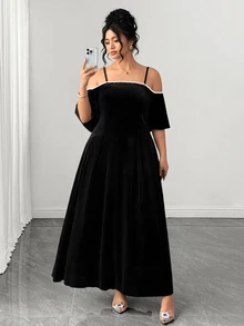 Elenzga Spring Summer Autumn Evening Party Off-Shoulder Rhinestone Chain Decor Long Black Plus Size Dress - Black - View 8