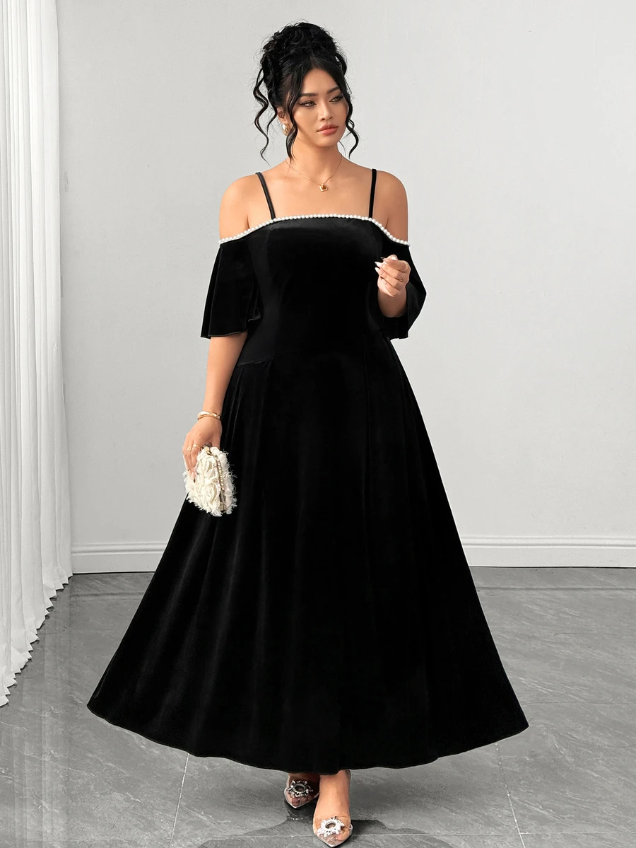 Elenzga Spring Summer Autumn Evening Party Off-Shoulder Rhinestone Chain Decor Long Black Plus Size Dress - Black - View 1