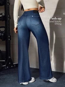 Flexra Blue Checkered Stretch Straight Leg Casual Pants With Patchwork, Elastic Waist, 4-Way Stretch Denim Fabric, Everyday Gym Home Long Pants Fall - Dark Wash - View 5