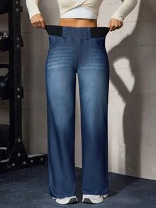 Flexra Blue Checkered Stretch Straight Leg Casual Pants With Patchwork, Elastic Waist, 4-Way Stretch Denim Fabric, Everyday Gym Home Long Pants Fall - Dark Wash - View 4