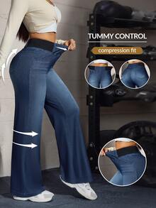 Flexra Blue Checkered Stretch Straight Leg Casual Pants With Patchwork, Elastic Waist, 4-Way Stretch Denim Fabric, Everyday Gym Home Long Pants Fall - Dark Wash - View 12