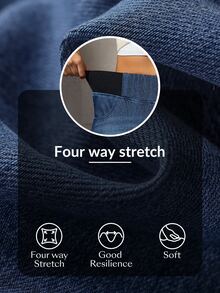 Flexra Blue Checkered Stretch Straight Leg Casual Pants With Patchwork, Elastic Waist, 4-Way Stretch Denim Fabric, Everyday Gym Home Long Pants Fall - Dark Wash - View 9