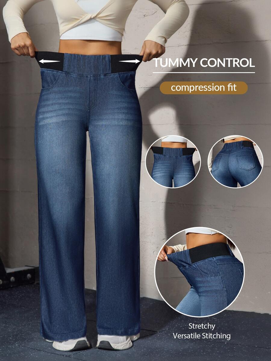 Flexra Blue Checkered Stretch Straight Leg Casual Pants With Patchwork, Elastic Waist, 4-Way Stretch Denim Fabric, Everyday Gym Home Long Pants Fall