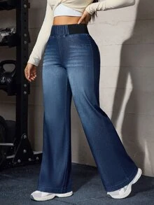 Flexra Blue Checkered Stretch Straight Leg Casual Pants With Patchwork, Elastic Waist, 4-Way Stretch Denim Fabric, Everyday Gym Home Long Pants Fall - Dark Wash - View 6