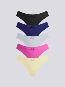 Loungeista 5pcs Solid Color Cotton Women's Underwear, Bow Decor Ribbed Seamless Comfortable Women's Panties - Multicolor - View 5