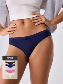 Loungeista 5pcs Solid Color Cotton Women's Underwear, Bow Decor Ribbed Seamless Comfortable Women's Panties - Multicolor - View 2