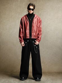 ROMWE MEN Street Life 男士黑色寬腿牛仔褲，配重金屬孔眼與可拆卸裝飾鏈條設計，Y2K哥德龐克風，復古水洗丹寧長褲，適合派對、夜店、日常穿著 - 黑色 - 查看 6