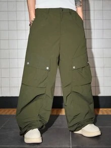 ROMWE MEN Street Life Men's Solid Color Casual Pleated Parachute Cargo Pants - Army Green - View 5