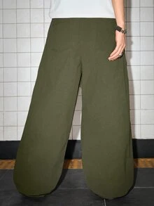 ROMWE MEN Street Life Men's Solid Color Casual Pleated Parachute Cargo Pants - Army Green - View 7