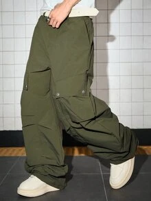 ROMWE MEN Street Life Men's Solid Color Casual Pleated Parachute Cargo Pants - Army Green - View 3