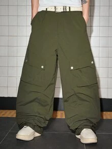 ROMWE MEN Street Life Men's Solid Color Casual Pleated Parachute Cargo Pants - Army Green - View 1
