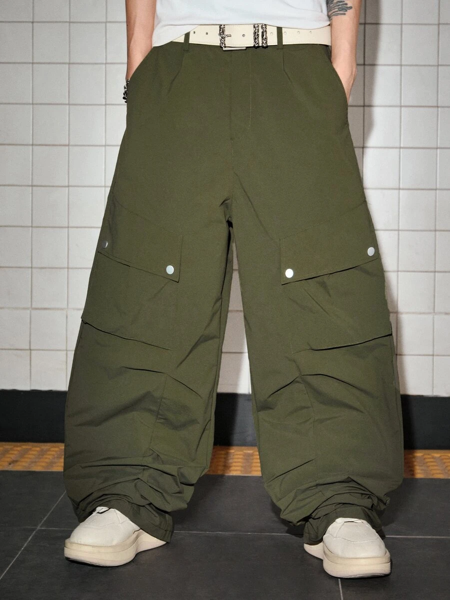 ROMWE MEN Street Life Men's Solid Color Casual Pleated Parachute Cargo Pants - Army Green - View 1
