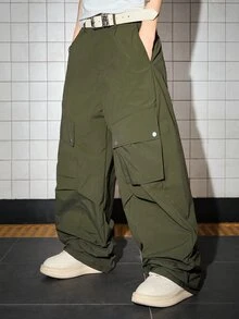 ROMWE MEN Street Life Men's Solid Color Casual Pleated Parachute Cargo Pants - Army Green - View 4