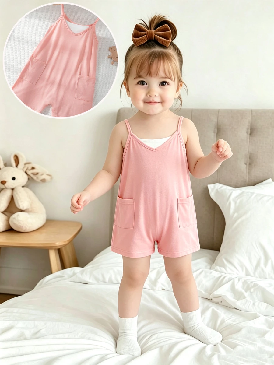 Young Girl Comfy Vacation Style Sleeveless Jumpsuit With Double Pockets, Summer - Pink - View 1