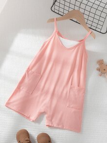 Young Girl Comfy Vacation Style Sleeveless Jumpsuit With Double Pockets, Summer - Pink - View 8
