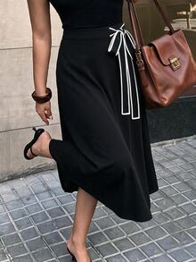 GlowEve CURVE Plus Size Women's Spring/Summer Classic Black And White Color Block Minimalist Fashion A-Line Belted Thin Skirt, Versatile For Dating, Shopping, Commuting And Daily Wear - Black and White - View 7