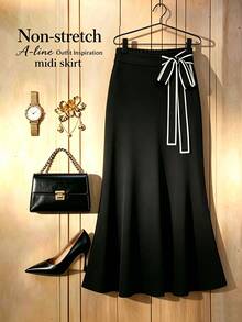GlowEve CURVE Plus Size Women's Spring/Summer Classic Black And White Color Block Minimalist Fashion A-Line Belted Thin Skirt, Versatile For Dating, Shopping, Commuting And Daily Wear - Black and White - View 1