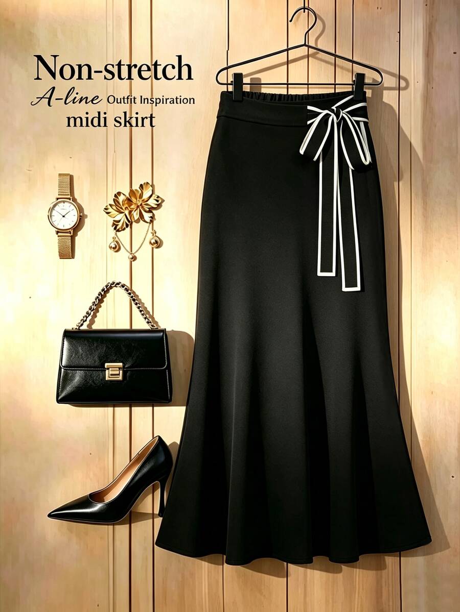 GlowEve CURVE Plus Size Women's Spring/Summer Classic Black And White Color Block Minimalist Fashion A-Line Belted Thin Skirt, Versatile For Dating, Shopping, Commuting And Daily Wear - Black and White - View 1