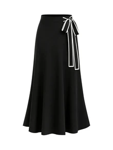 GlowEve CURVE Plus Size Women's Spring/Summer Classic Black And White Color Block Minimalist Fashion A-Line Belted Thin Skirt, Versatile For Dating, Shopping, Commuting And Daily Wear - Black and White - View 6