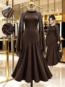 GlowEve CURVE Spring Summer Autumn Round Neck Long Sleeve Pearl Decor Evening Glamorous Maxi Plus Size Dress - Coffee Brown - View 8