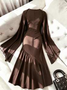 GlowEve CURVE Spring Summer Autumn Round Neck Long Sleeve Pearl Decor Evening Glamorous Maxi Plus Size Dress - Coffee Brown - View 2