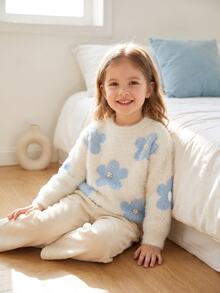 SHEIN Vintaside Kids 女童圓領套頭長袖毛衣，可愛粉色，人造貂毛材質，秋冬款 - 白色 - 查看 7