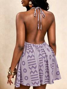 BamGleam Women's Lavender Summer Boho Jamican Sexy Tropical Holiday Vacation Digital Retro Print Dress Halter Neck Backless Ruched A-Line Mini Beach - Multicolor - View 3
