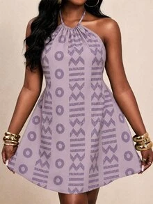 BamGleam Women's Lavender Summer Boho Jamican Sexy Tropical Holiday Vacation Digital Retro Print Dress Halter Neck Backless Ruched A-Line Mini Beach - Multicolor - View 4