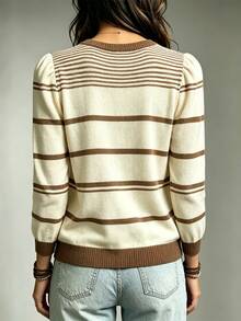 LUMIGAL Sweater Kasual Longgar Lengan Panjang Leher Bulat Bergaris untuk Wanita - MultiWarna - View 2