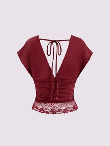 Rovax Women's Solid Color Deep V-Neck Batwing Short Sleeve Pleated Lace Hem Sexy Top - Burgundy - View 4