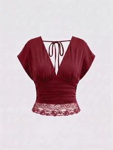 Rovax Women's Solid Color Deep V-Neck Batwing Short Sleeve Pleated Lace Hem Sexy Top - Burgundy - View 3