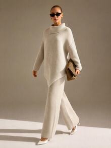 CLARA VERO Casual Turtle Neck Balloon Sleeve Asymmetric Cut Hem Batwing Oversize Sweater Wide Leg Solid Color Knitted Pants 2 Pieces Knit Set Fall Women - Apricot - View 4