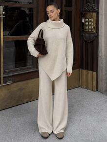 CLARA VERO Casual Turtle Neck Balloon Sleeve Asymmetric Cut Hem Batwing Oversize Sweater Wide Leg Solid Color Knitted Pants 2 Pieces Knit Set Fall Women - Apricot - View 6