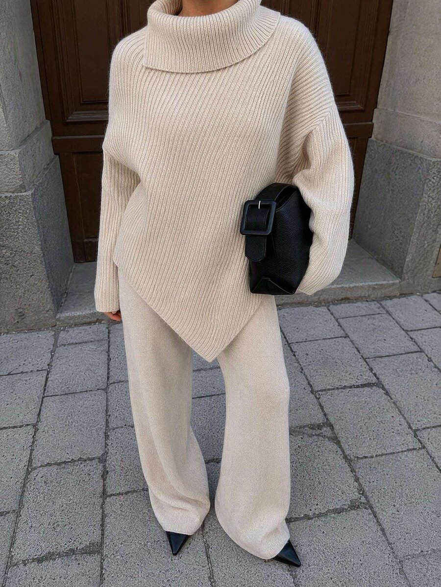 CLARA VERO Casual Turtle Neck Balloon Sleeve Asymmetric Cut Hem Batwing Oversize Sweater Wide Leg Solid Color Knitted Pants 2 Pieces Knit Set Fall Women