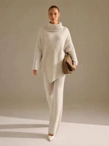 CLARA VERO Casual Turtle Neck Balloon Sleeve Asymmetric Cut Hem Batwing Oversize Sweater Wide Leg Solid Color Knitted Pants 2 Pieces Knit Set Fall Women - Apricot - View 5