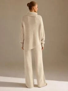 CLARA VERO Casual Turtle Neck Balloon Sleeve Asymmetric Cut Hem Batwing Oversize Sweater Wide Leg Solid Color Knitted Pants 2 Pieces Knit Set Fall Women - Apricot - View 3