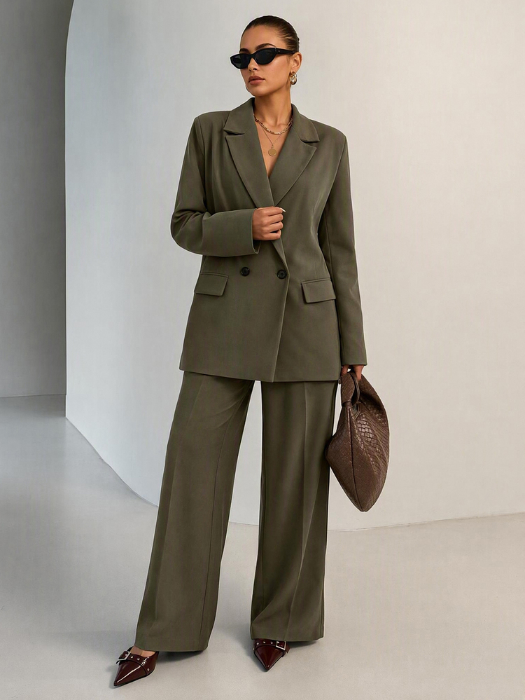 CLARA VERO Women's Solid Color Lapel NeckLong Sleeve Long Blazer And Wide Leg Pants Casual Suit Set, Summer Business Office Army Green - Army Green - View 6