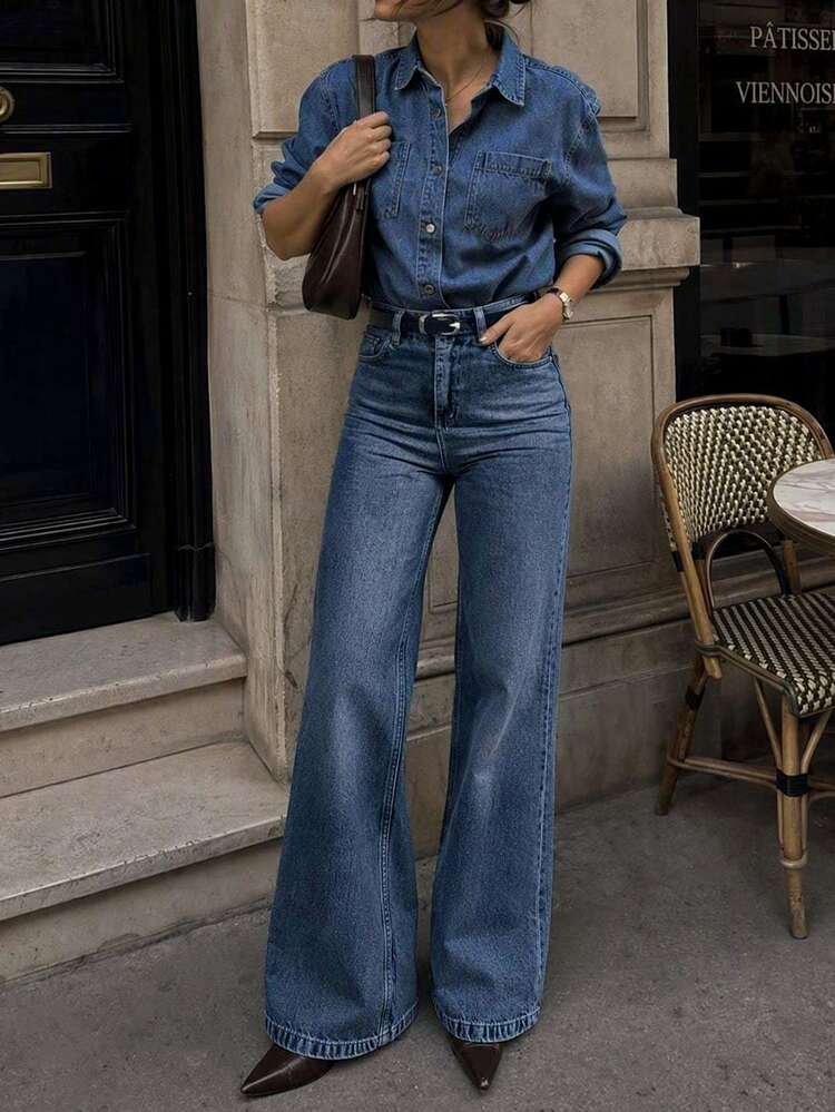 CLARA VERO 100Cotton High Waist Wide Leg Jeans Everyday Navy Blue Summer Casual Streetwear - Navy Blue - View 1