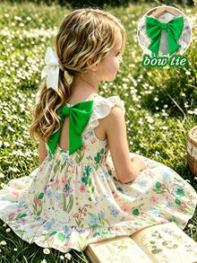 SHEIN Elladie kids 女童優雅花卉印花洋裝，藍色蝴蝶，夏季仙女風生日公主派對禮服，小飛袖鏤空露背蝴蝶結裝飾荷葉邊裙襬 - 綠色 - 查看 3