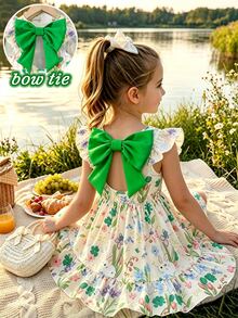 SHEIN Elladie kids 女童優雅花卉印花洋裝，藍色蝴蝶，夏季仙女風生日公主派對禮服，小飛袖鏤空露背蝴蝶結裝飾荷葉邊裙襬 - 綠色 - 查看 1