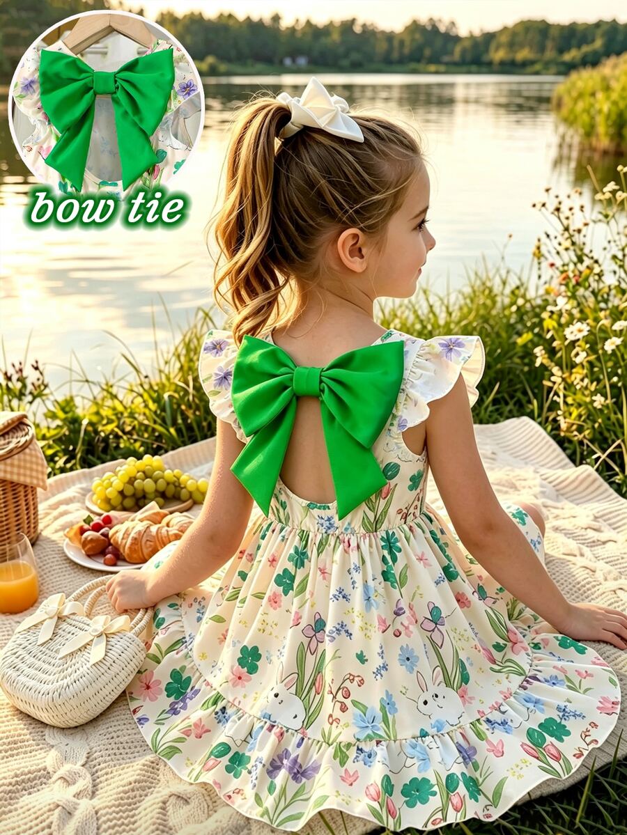 SHEIN Elladie kids 女童優雅花卉印花洋裝,藍色蝴蝶,夏季仙女風生日公主派對禮服,小飛袖鏤空露背蝴蝶結裝飾荷葉邊裙襬 - 綠色 - 查看 1