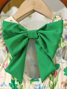 SHEIN Elladie kids 女童優雅花卉印花洋裝，藍色蝴蝶，夏季仙女風生日公主派對禮服，小飛袖鏤空露背蝴蝶結裝飾荷葉邊裙襬 - 綠色 - 查看 4